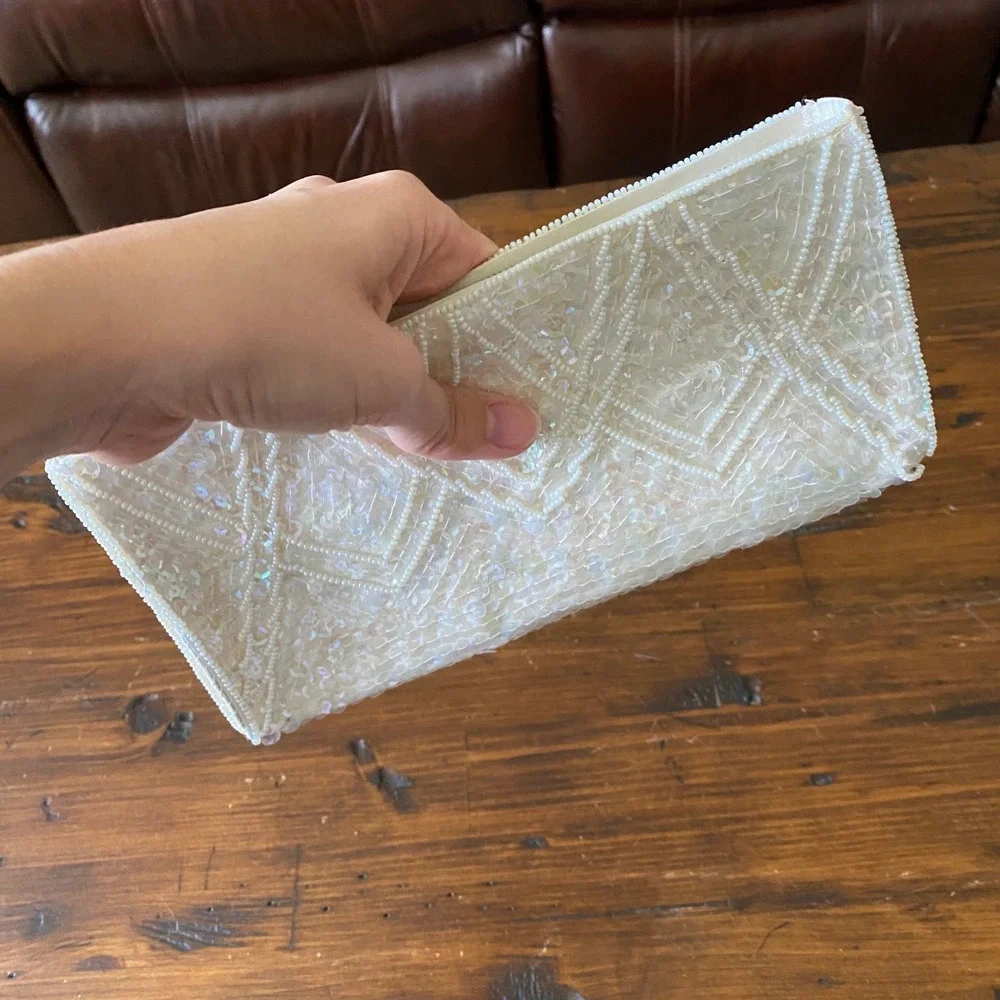 La Regale Small White Beaded Sequined Chevron Zip Clutch Bag Made in Japan